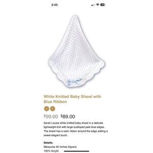 NWOT Sarah Louise White Knitted Baby Shawl with Blue Ribbon